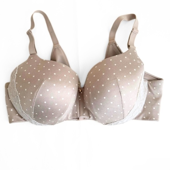 Cacique Bra 38DD Lightly Lined Balconette Beige Tan Lace Polka Dot Comfortable - Picture 1 of 10